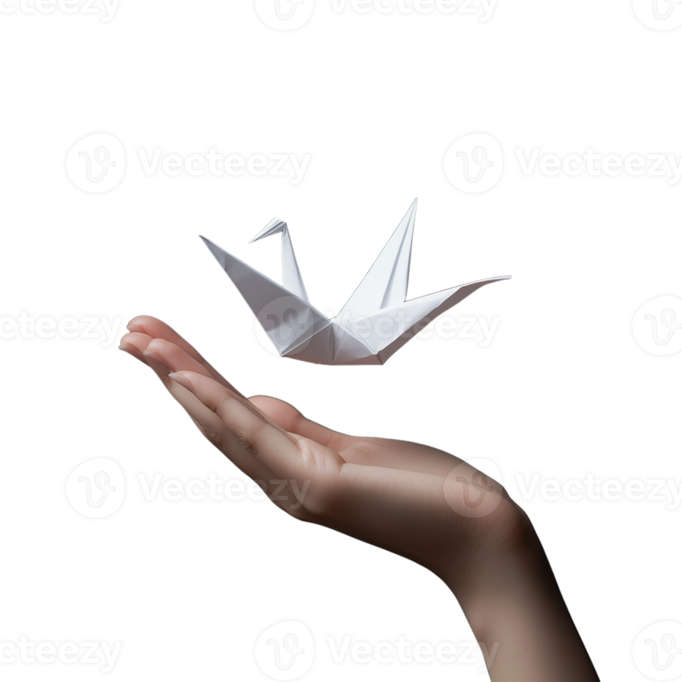 Hand holding a folded paper crane, isolated on a transparent background png