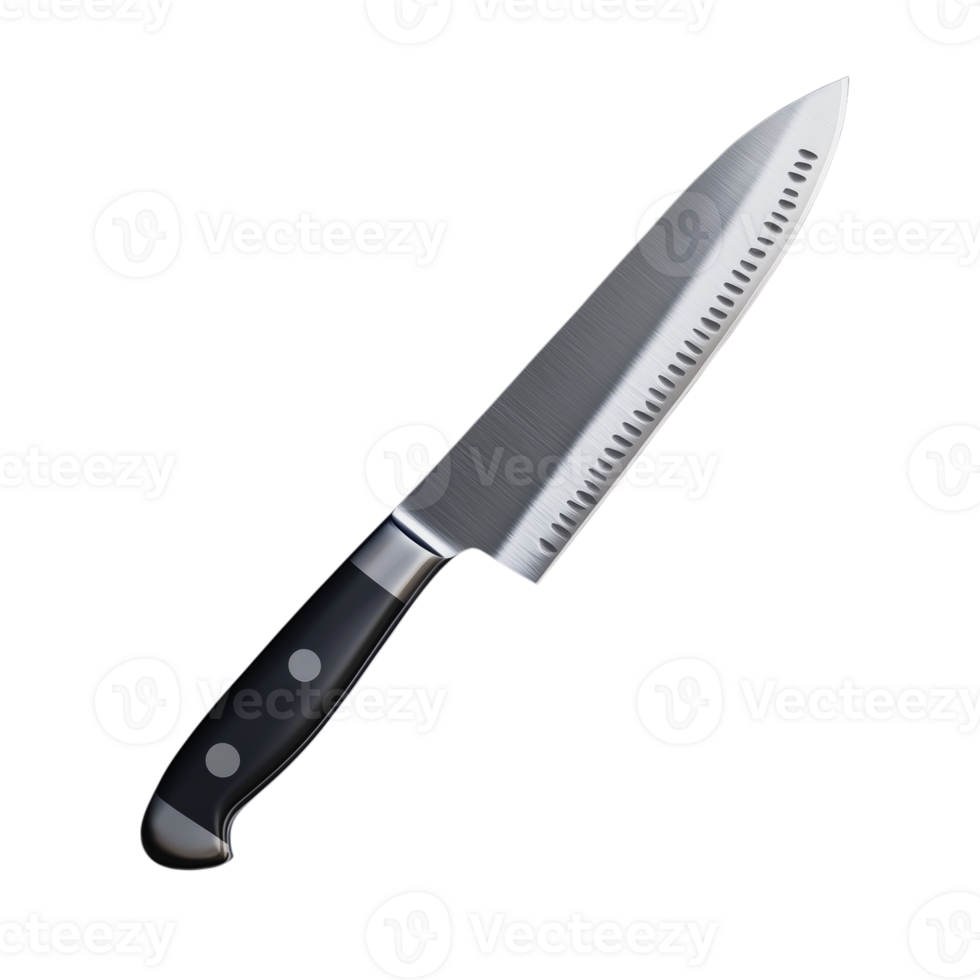 Serrated kitchen knife with a black handle, isolated on a transparent background png