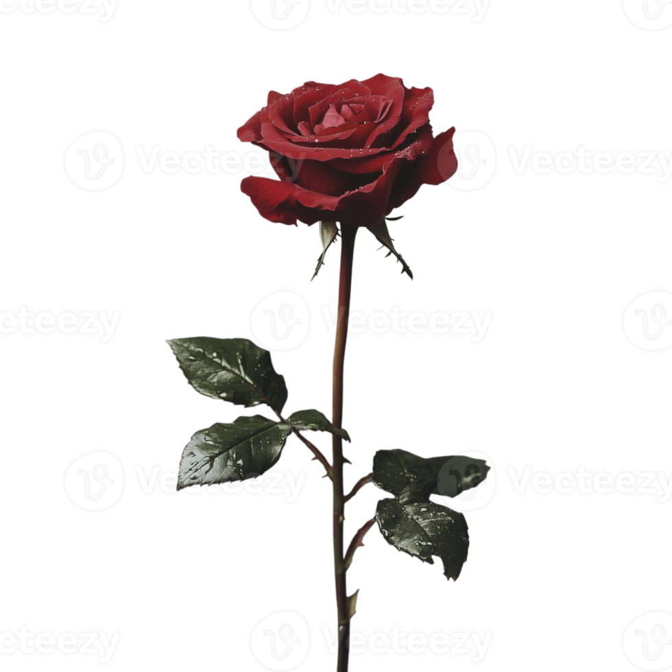 Single red rose with a tall stem, isolated on a transparent background png