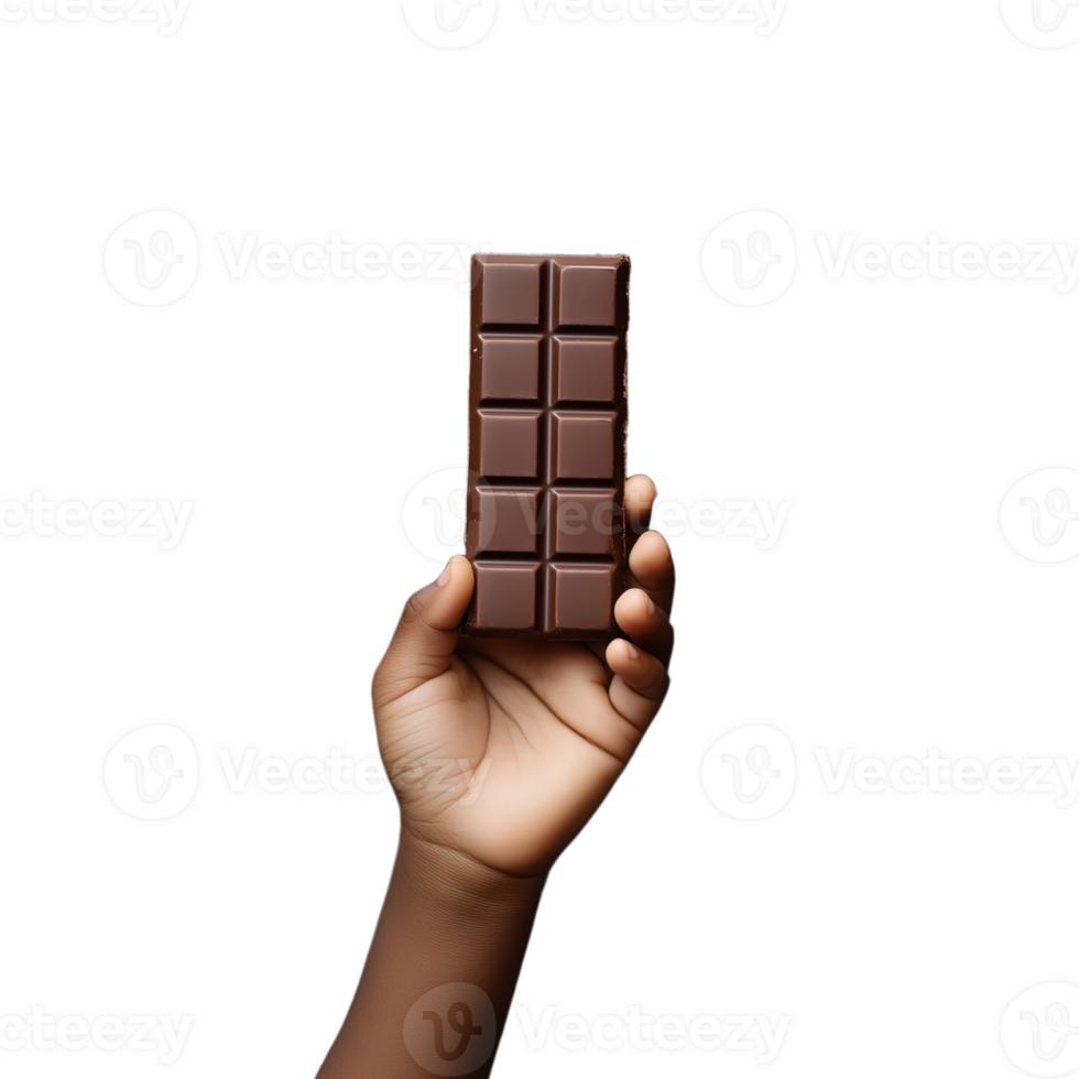 mão apresentando a desembrulhado chocolate Barra com segmentos em uma transparente fundo png