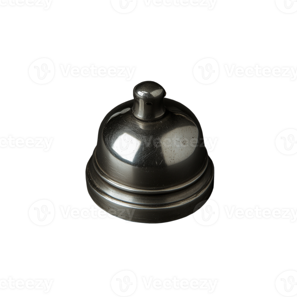 Silver service bell with a polished finish and smooth curves on a transparent background png