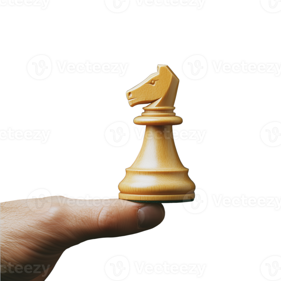 Close-up of a hand presenting a white knight chess piece on a transparent background png