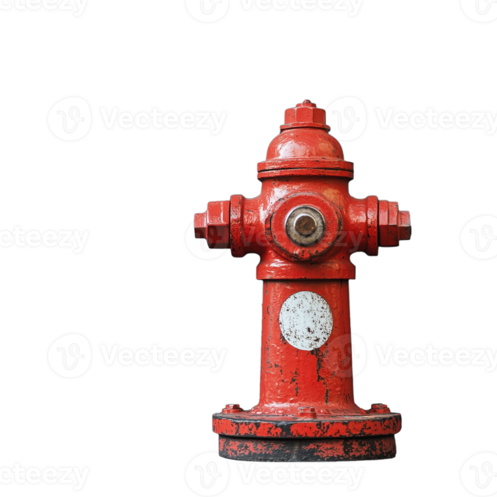 Weathered red fire hydrant with chipped paint, isolated on a transparent background png