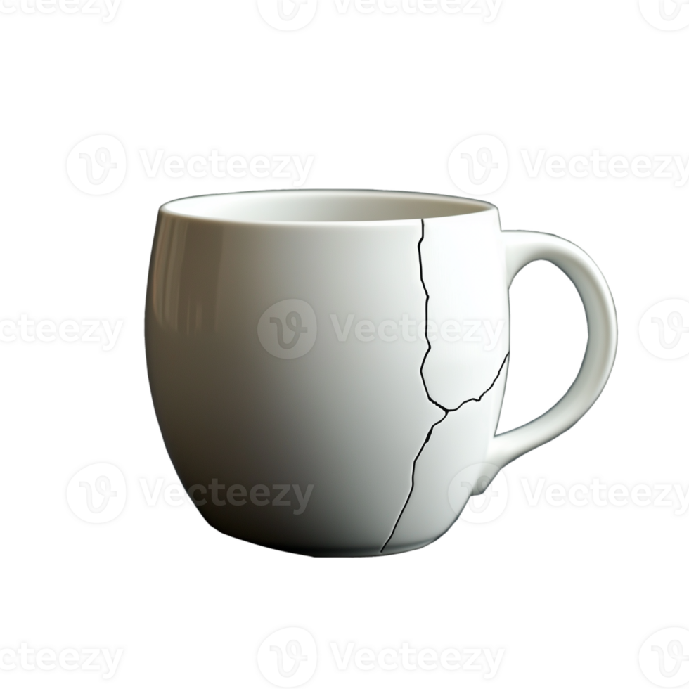 Side view of a cracked ceramic mug, isolated on a transparent background png