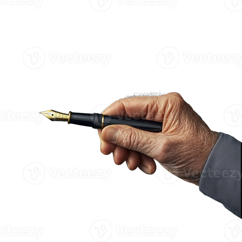 Hand holding a fountain pen poised for writing, isolated on a transparent background png