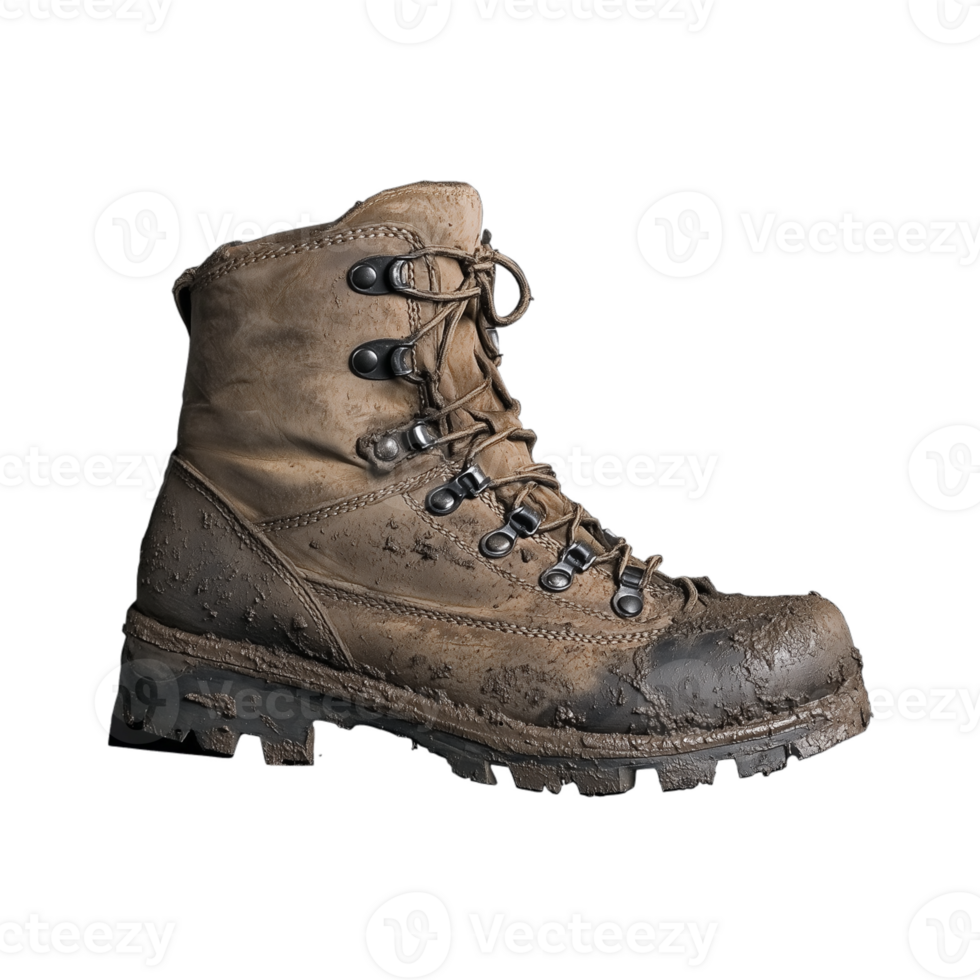 Worn hiking boot with mud stains, isolated on a transparent background png