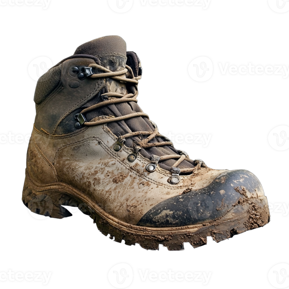 Muddy hiking boot with visible wear, isolated on a transparent background png