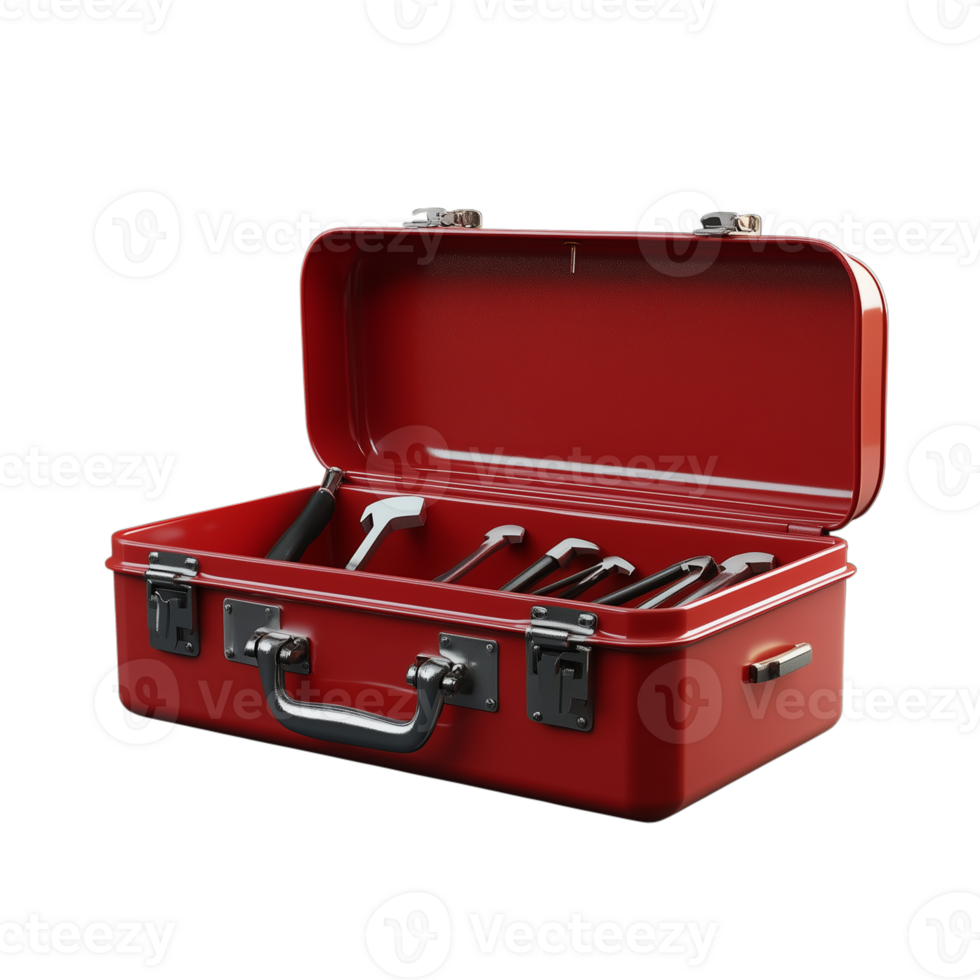 Red toolbox with multiple compartments, isolated on a transparent background png