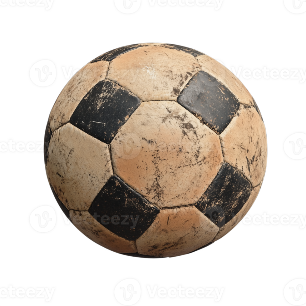 Old soccer ball with faded colors and worn surface, isolated on a transparent background png