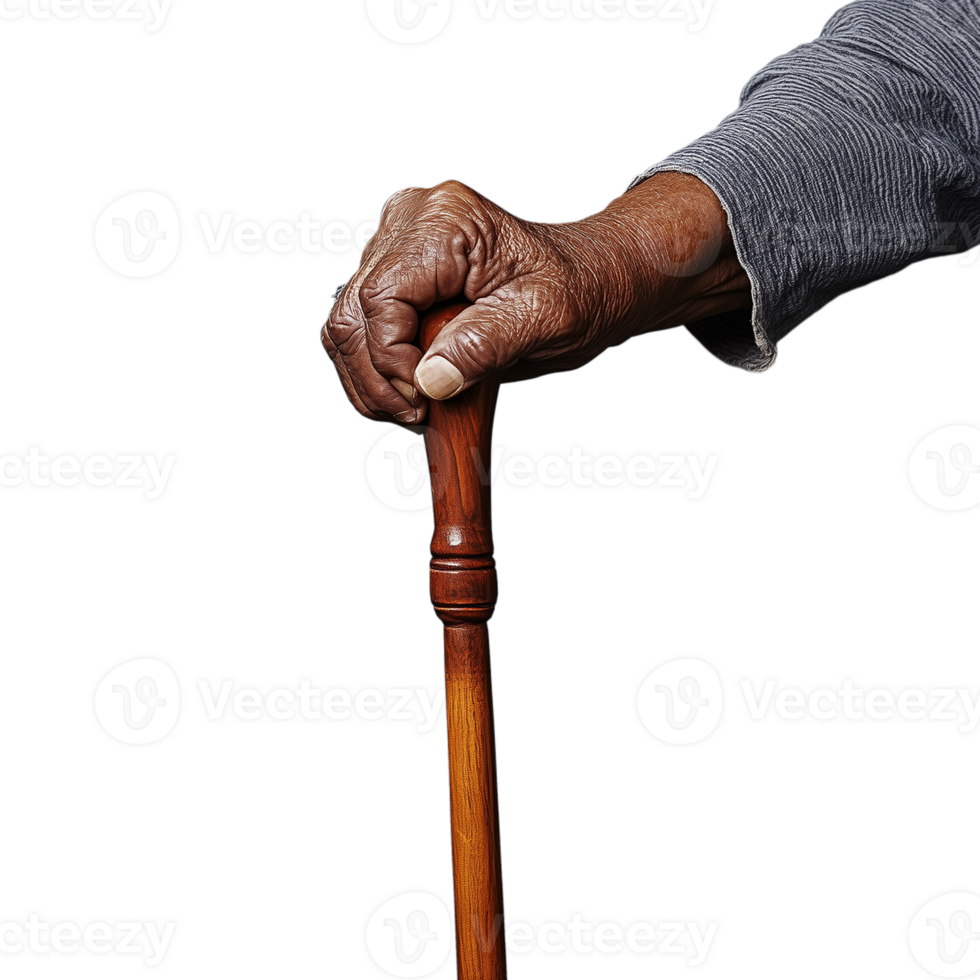 Close-up of an elderly hand gripping a wooden cane, isolated on a transparent background png