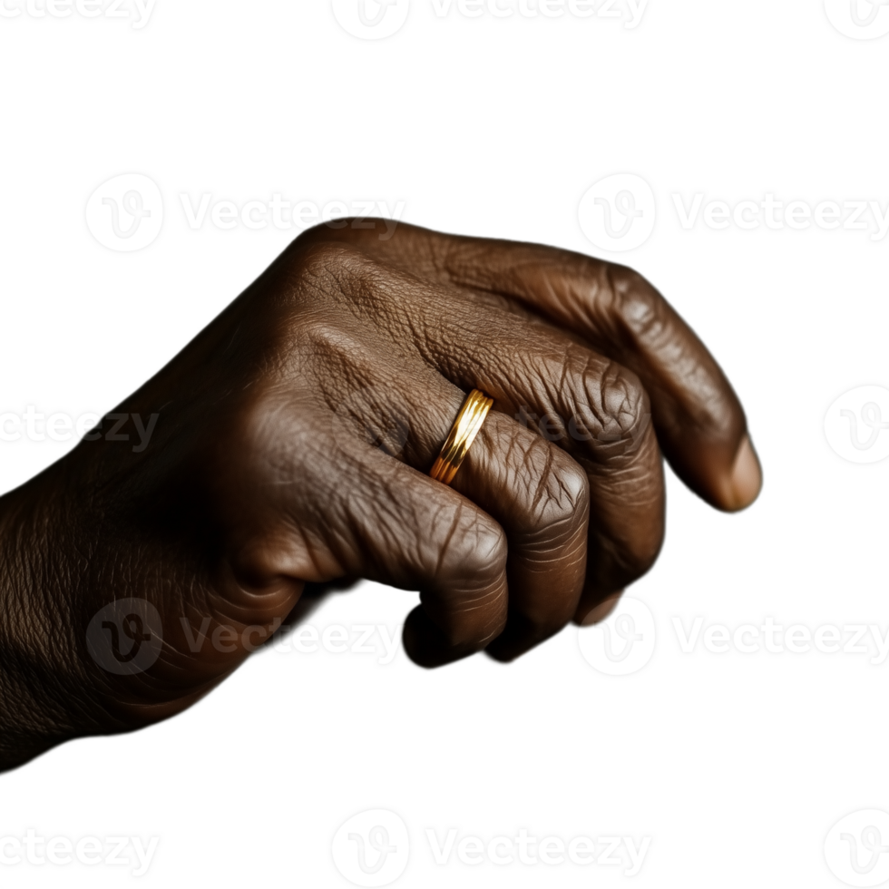 Close-up of a hand with a gold ring pinching a small object on a transparent background png