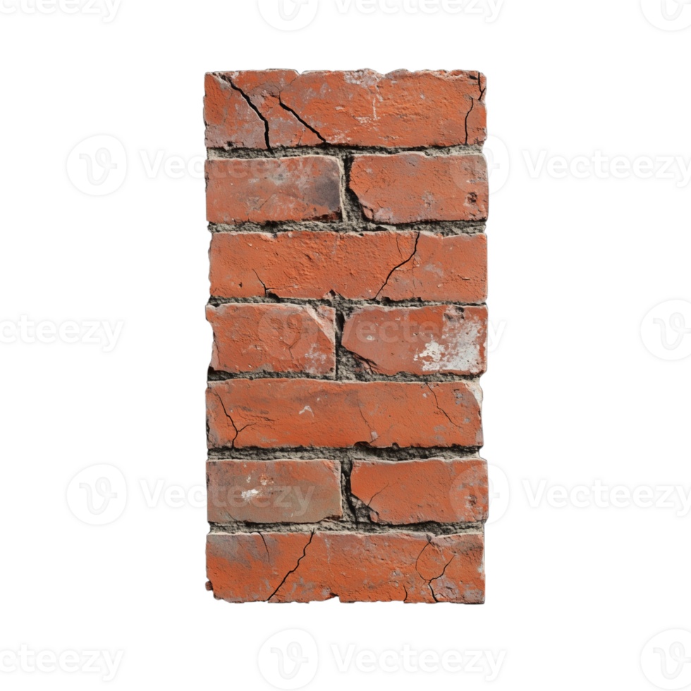 Tall stack of cracked red bricks showing significant weathering and imperfections on transparent background png