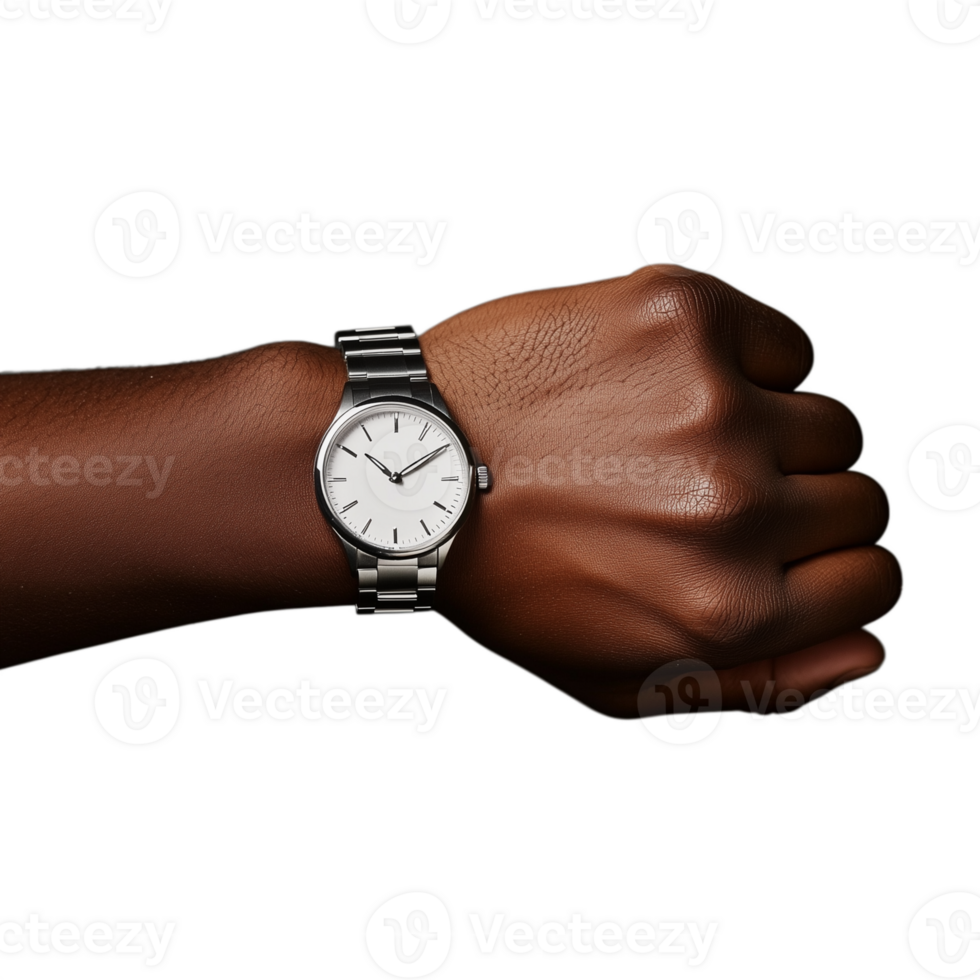 Hand wearing a wristwatch with a silver strap on a transparent background png