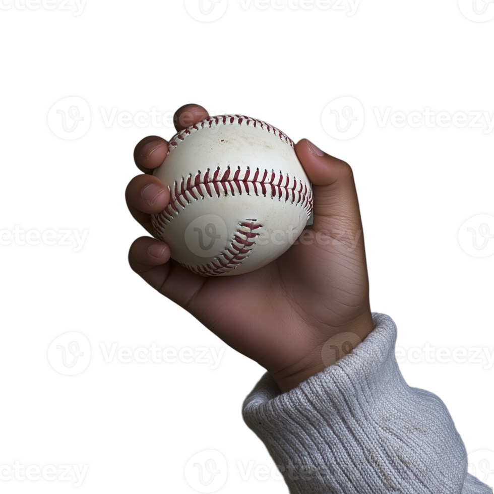 Hand holding a baseball with visible stitches, isolated on a transparent background png
