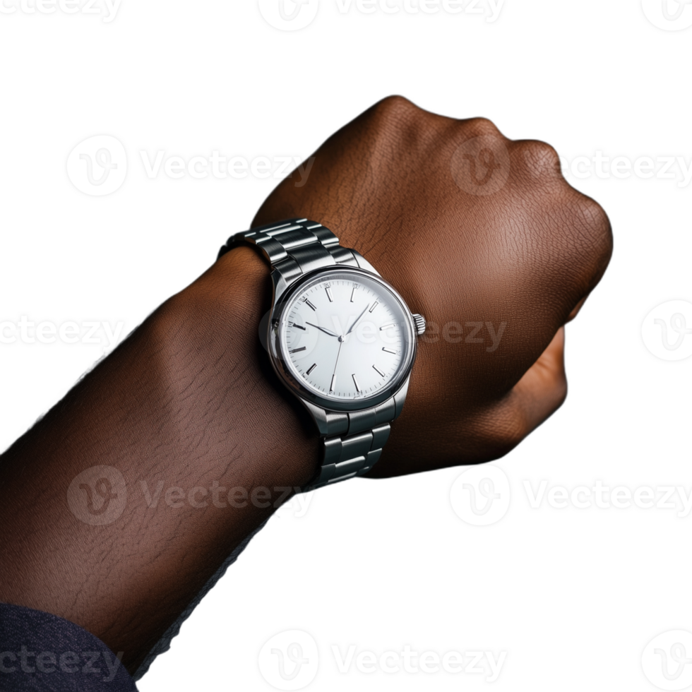 Dark-skinned hand wearing a wristwatch with a classic design on a transparent background png