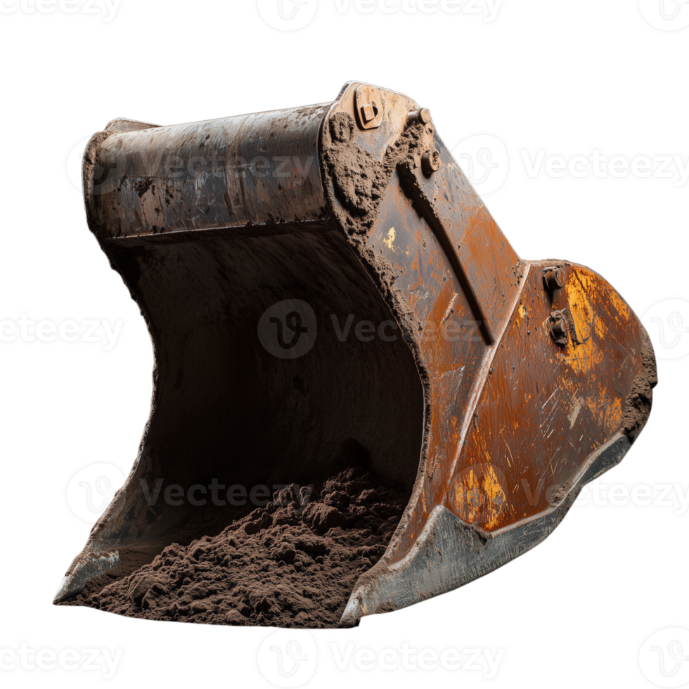 Old excavator bucket with mud, isolated on a transparent background png
