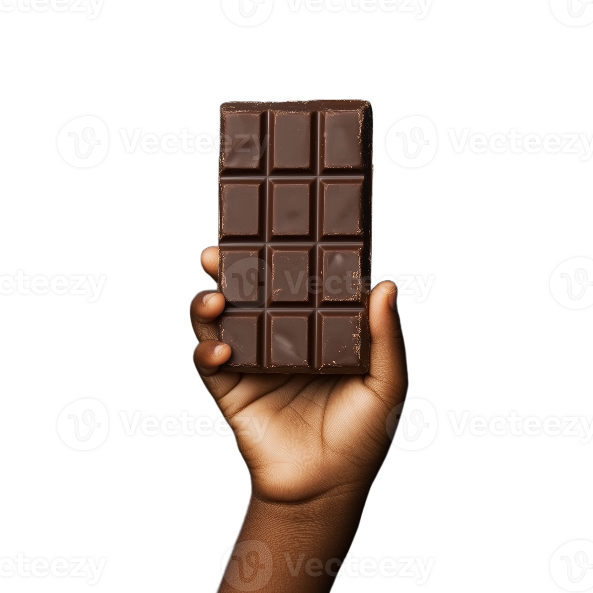 Hand holding an unwrapped chocolate bar with square segments on a