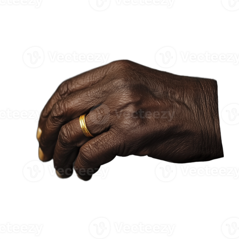 Hand with a gold ring holding a single capsule pill on a transparent background png