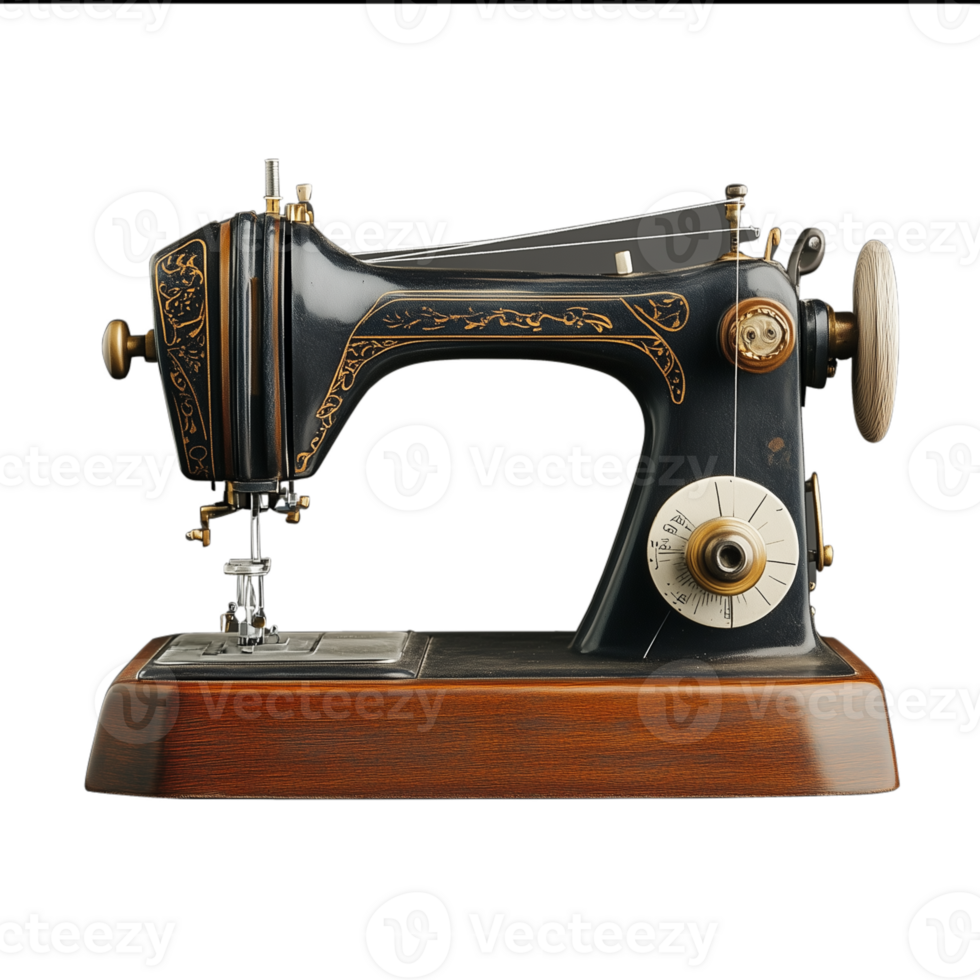 Classic antique sewing machine with a wooden base and intricate metalwork on a transparent background png