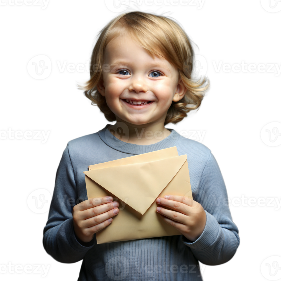 Smiling young boy holding an envelope with excitement on a transparent background png