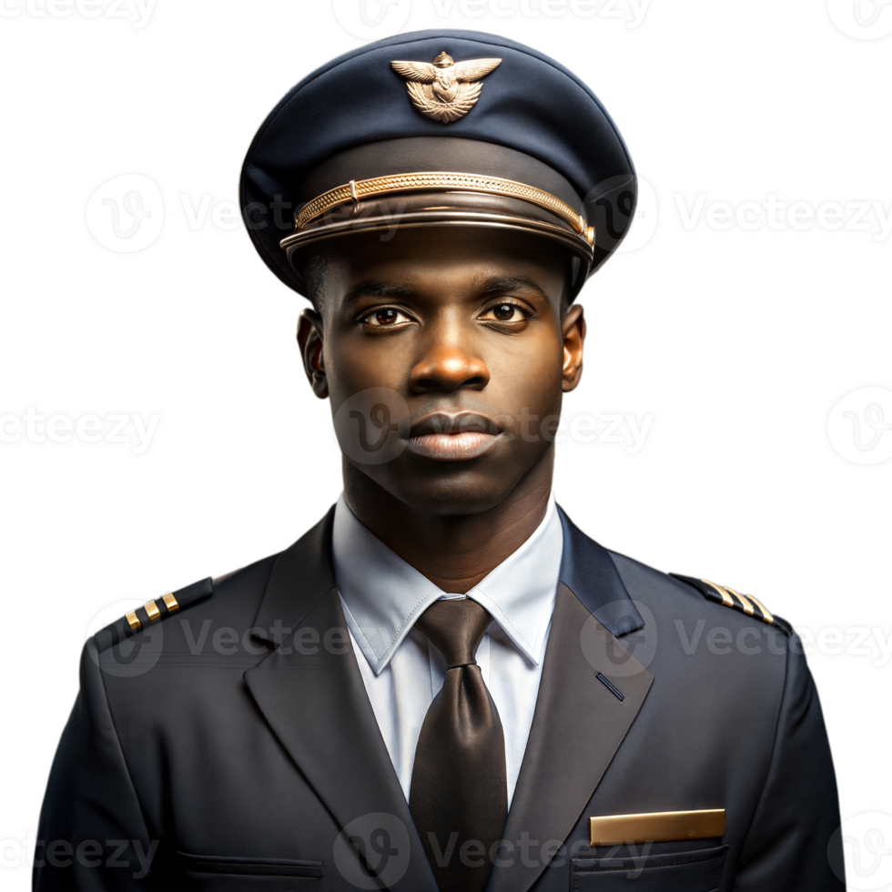 Airline pilot in uniform with a confident expression on a transparent background png