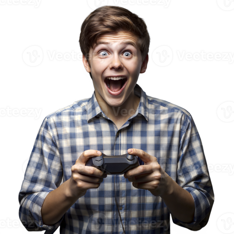 Joyful young man playing games, holding a controller with enthusiasm on a transparent background png