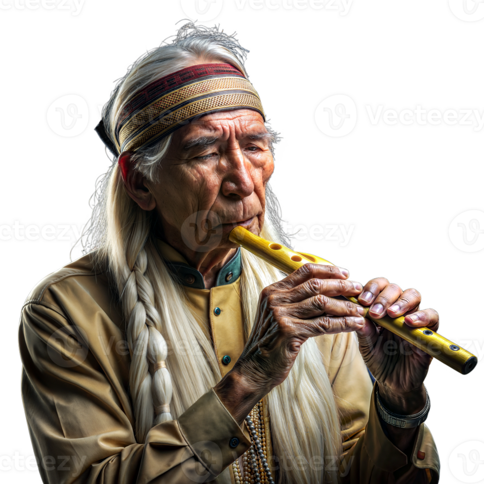 Elderly Native American man playing a flute with cultural attire on a transparent background png