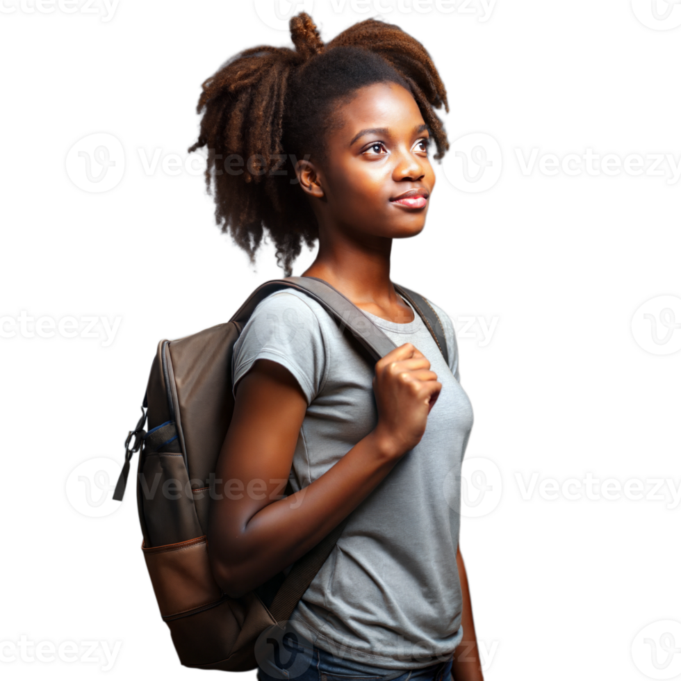 Young woman with a backpack, looking forward with determination on a transparent background png
