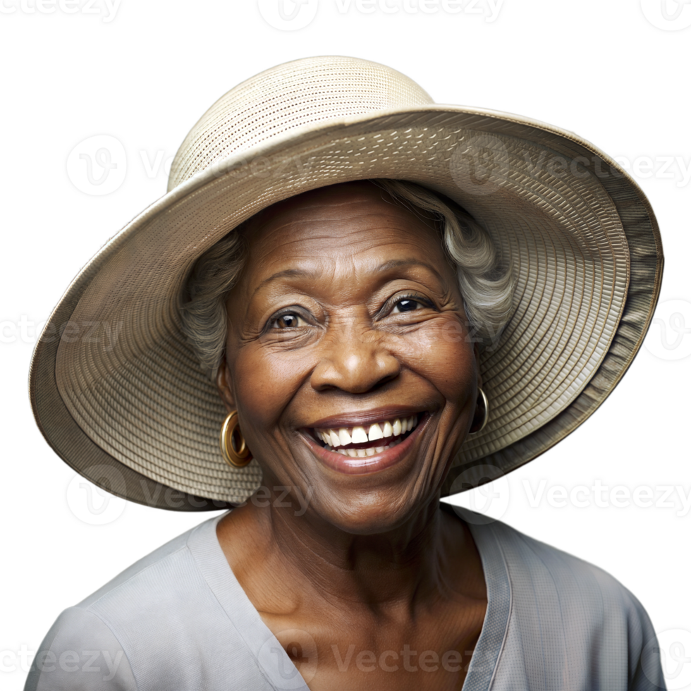 Senior woman wearing a wide-brimmed hat, smiling cheerfully on a transparent background png