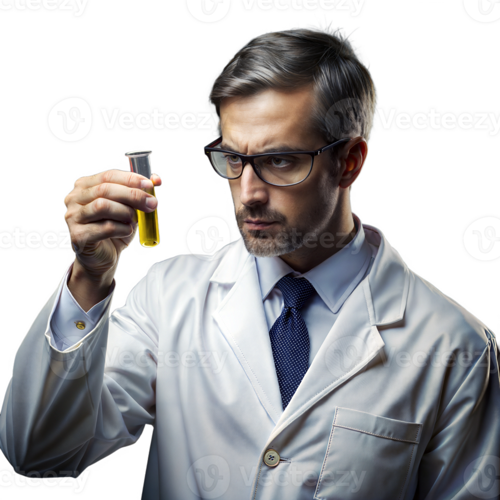 Mature scientist holding a beaker, analyzing contents with concentration on a transparent background png