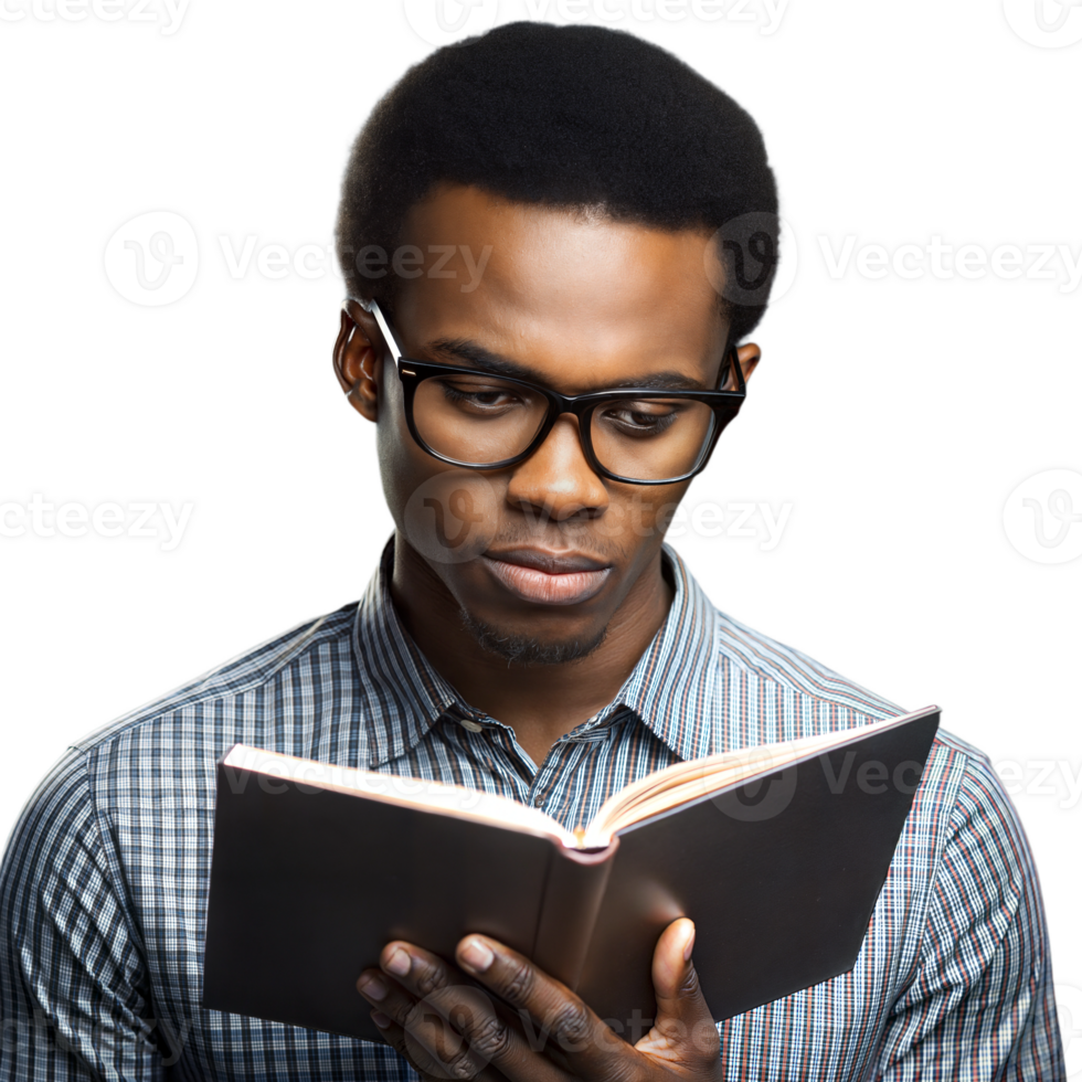 Man reading a book intently, wearing glasses on a transparent background png