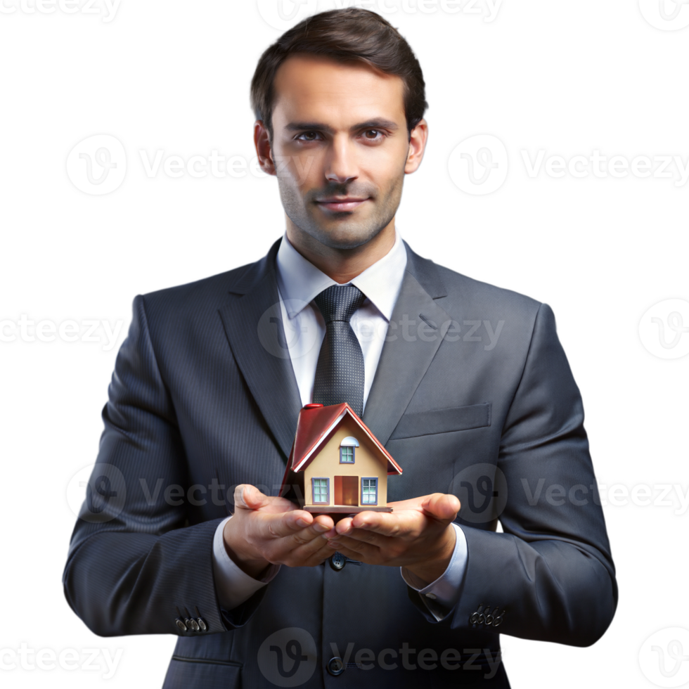 Businessman holding a miniature house model, presenting real estate on a transparent background png