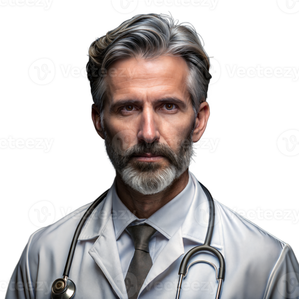 Male doctor with a serious expression wearing a stethoscope on a transparent background png
