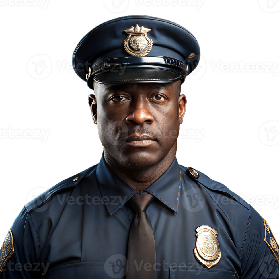Male police officer in uniform looking determined on a transparent background png
