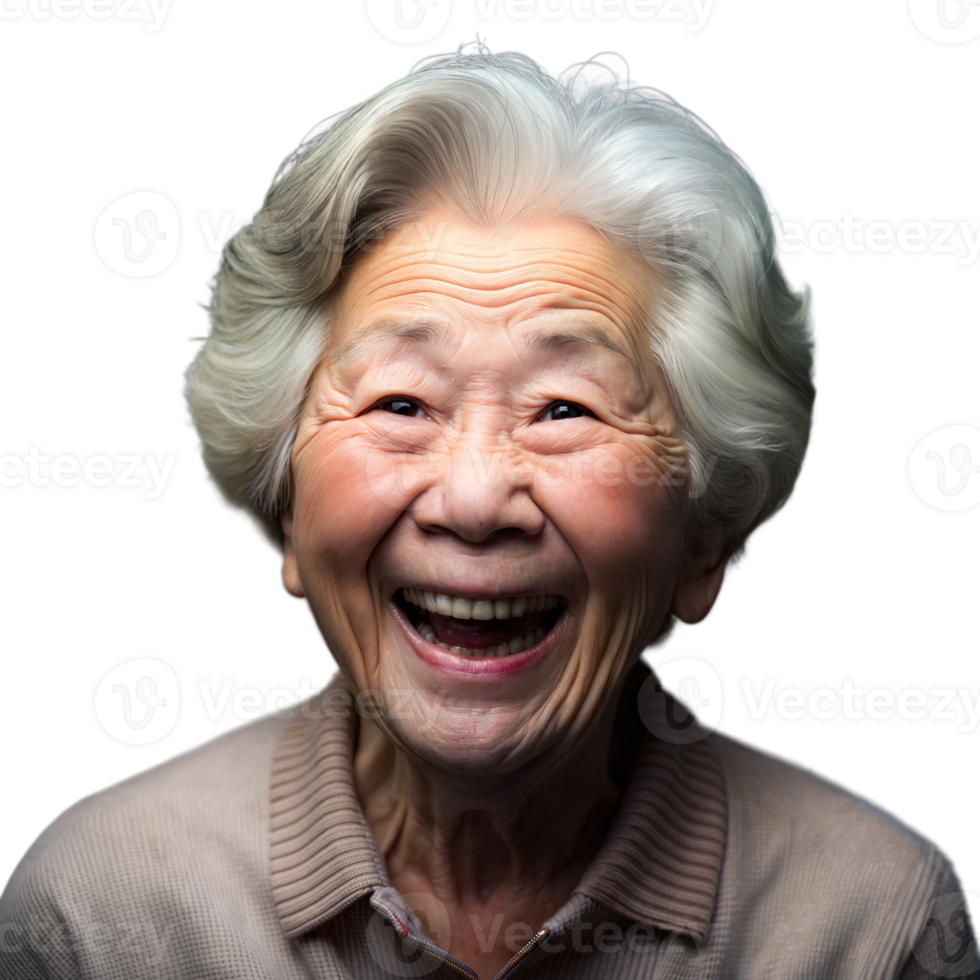 Smiling elderly woman with a joyful expression, enjoying a happy moment on a transparent background png