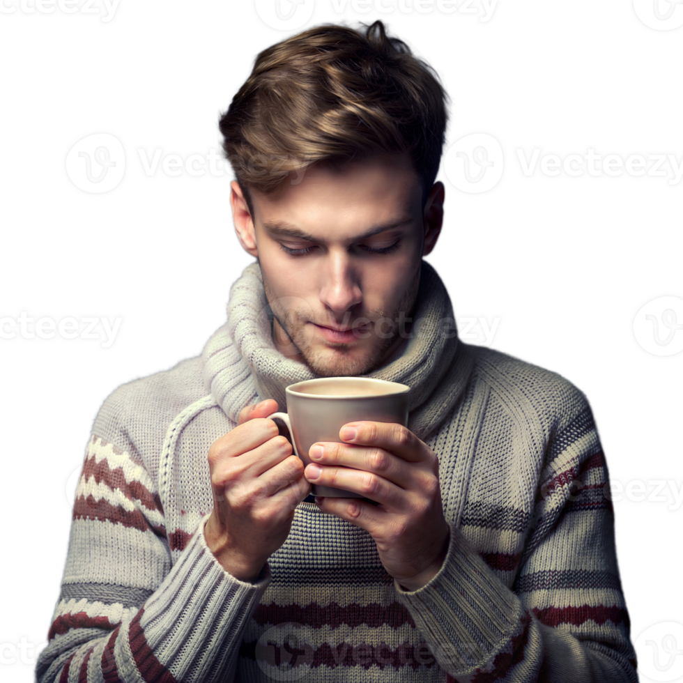 Young man wearing a sweater looking pensively at a mobile phone on a transparent background png