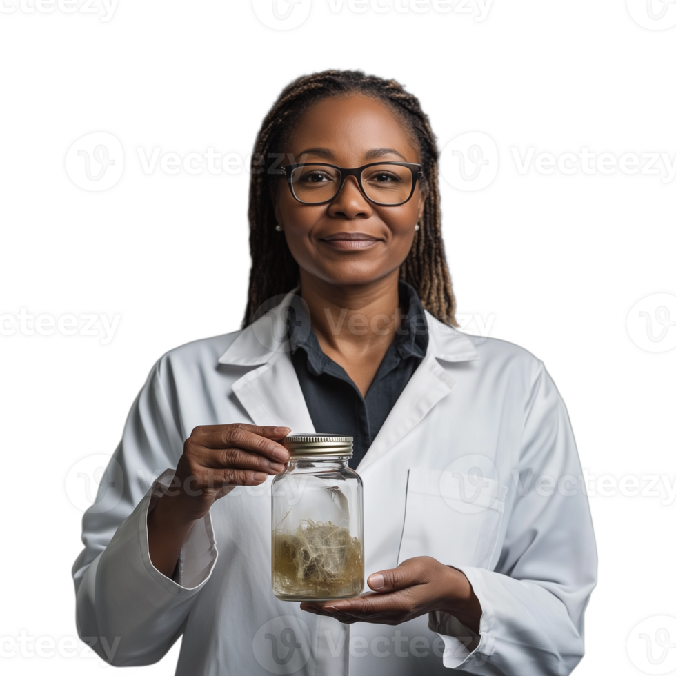 Confident female scientist holding a glass jar with specimen in a lab coat and glasses, on a transparent background png