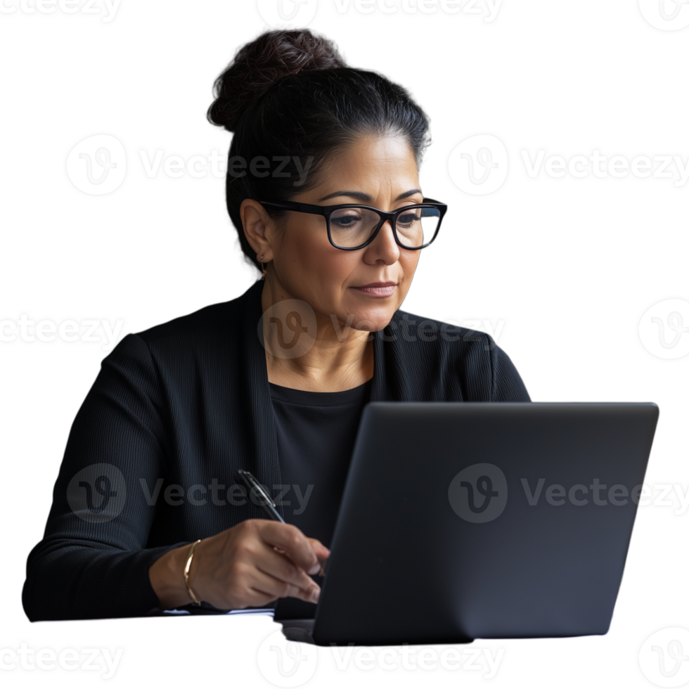 Confident woman wearing glasses working on a laptop, dressed in a business suit, on a transparent background png