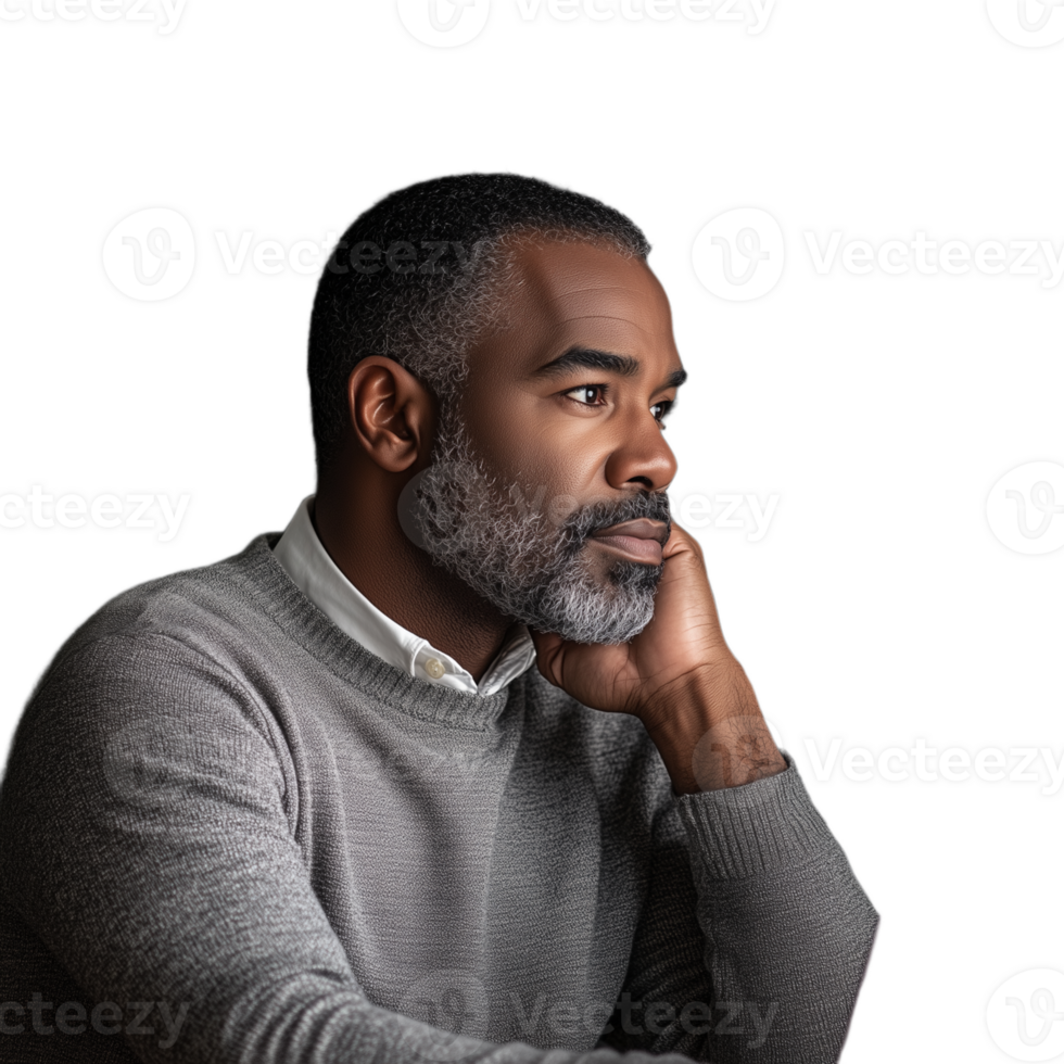 Thoughtful bearded man in sweater contemplating while seated with hand on chin, on a transparent background png