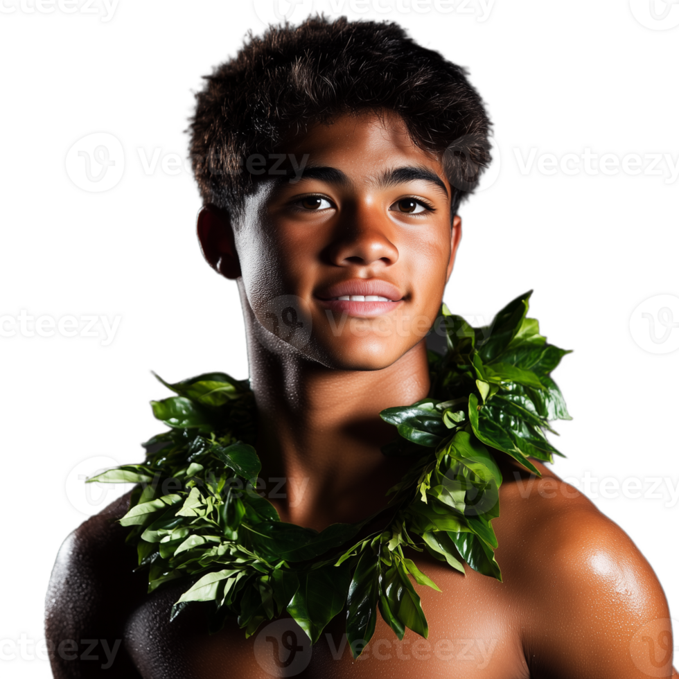 Young man with a leaf garland around his neck, smiling confidently, on a transparent background png
