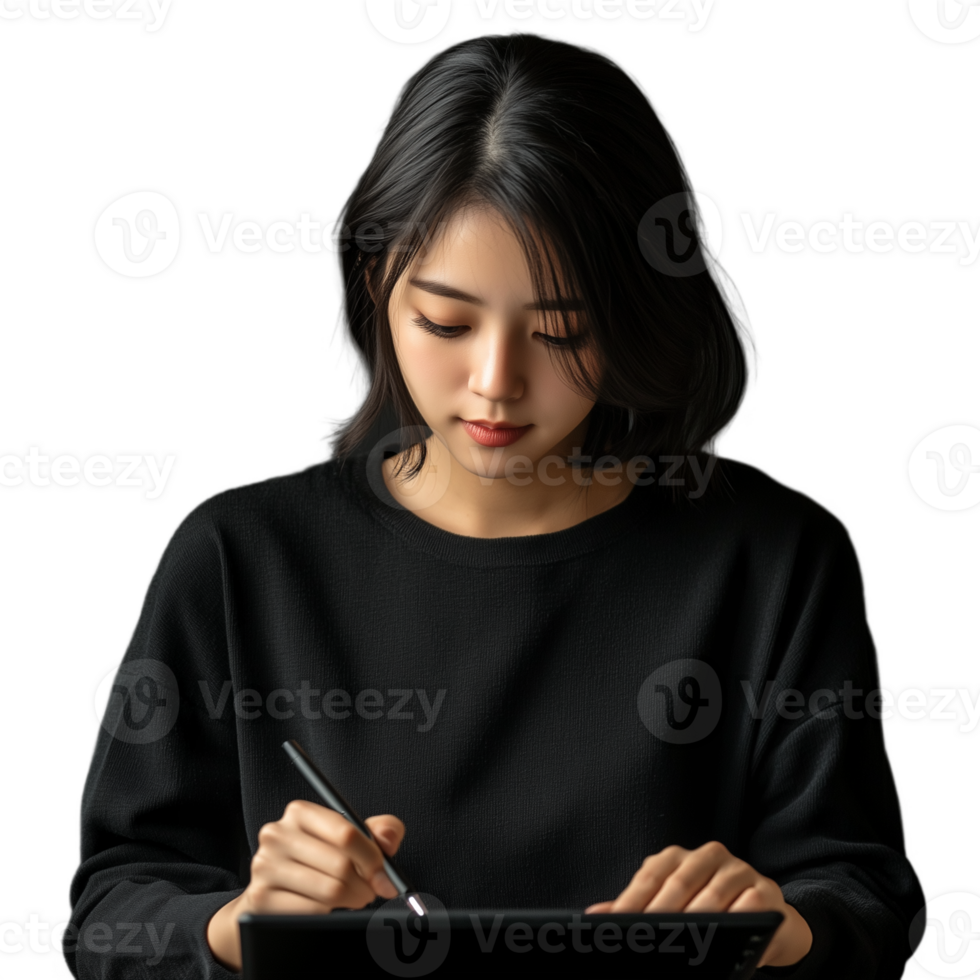 Young woman with a serious expression writing in a notebook, deeply focused, on a transparent background png