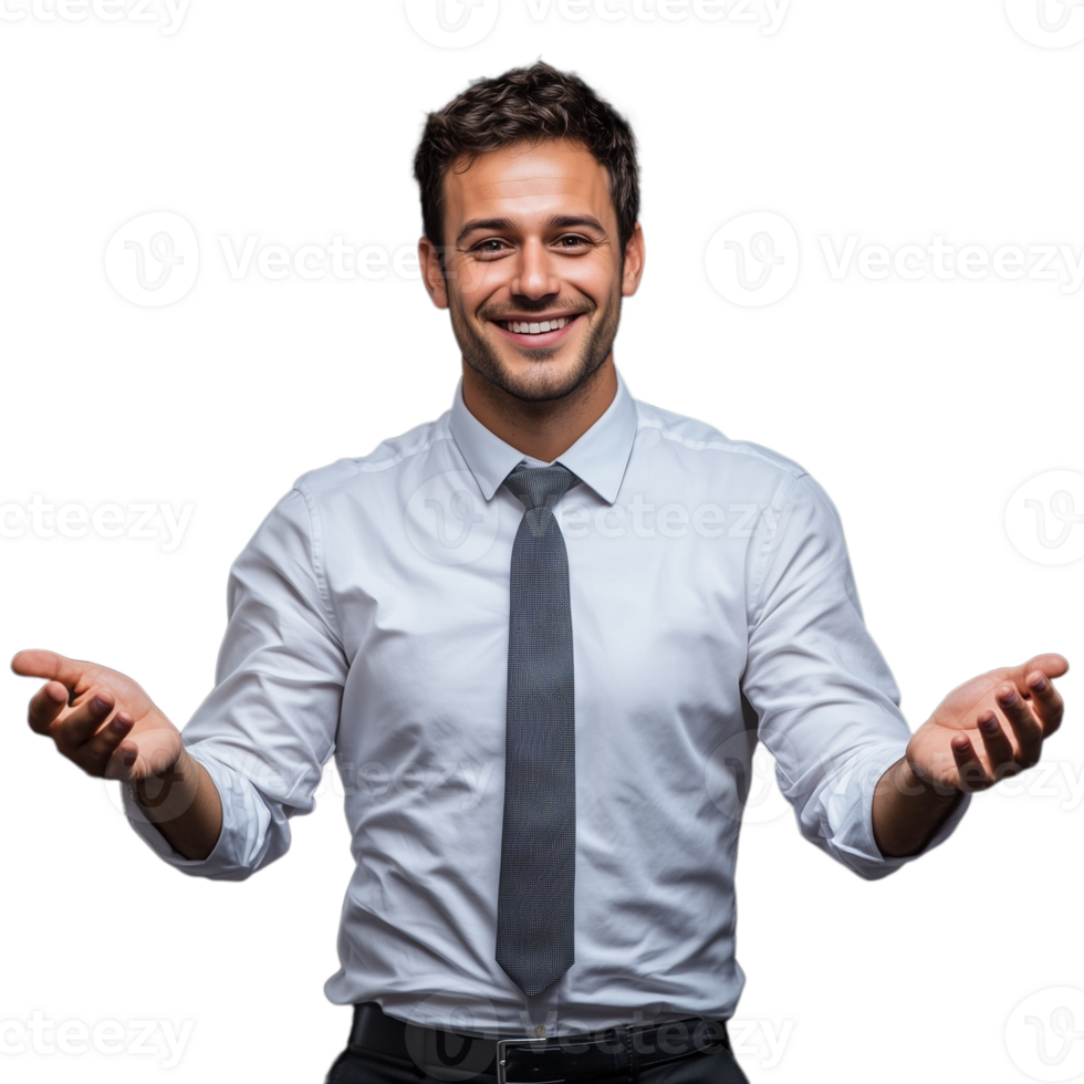 Smiling businessman with open hands gesturing confidently, dressed in a formal shirt, on a transparent background png