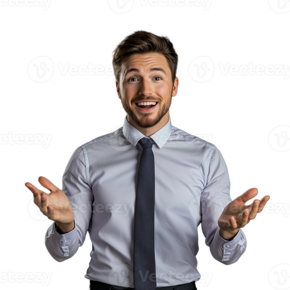 Professional young man in a dress shirt gesturing with his hands, smiling confidently, on a transparent background png