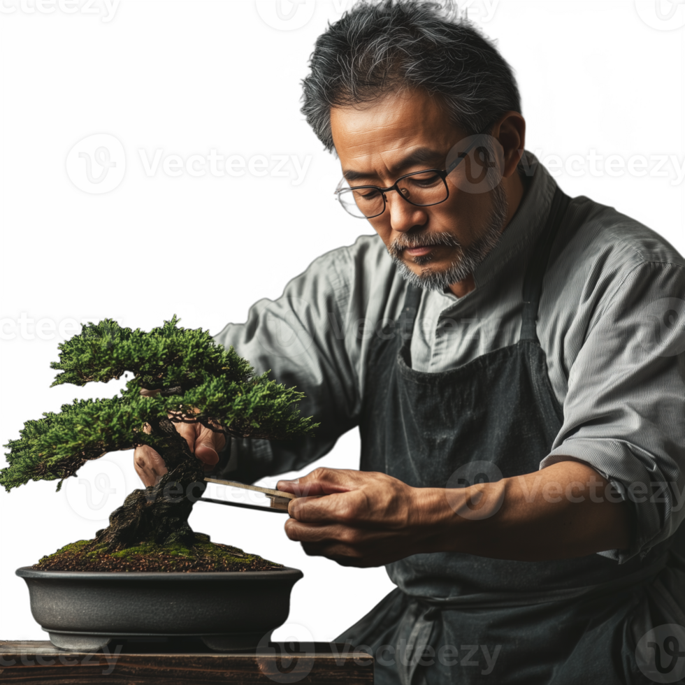 Concentrated man trimming a bonsai tree with precision, wearing an apron, on a transparent background png
