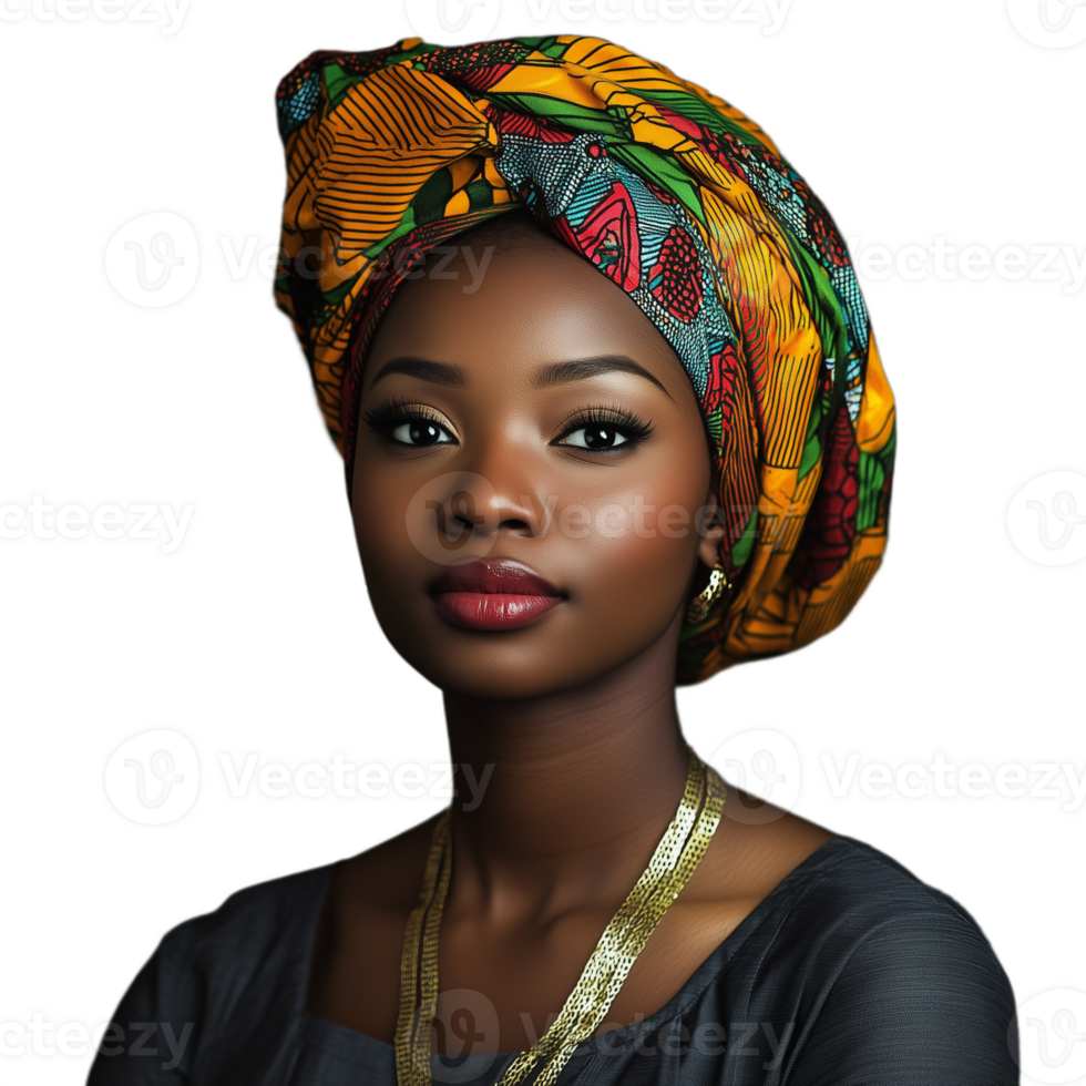 Young woman wearing a vibrant African headwrap, looking confidently ahead, on a transparent background png