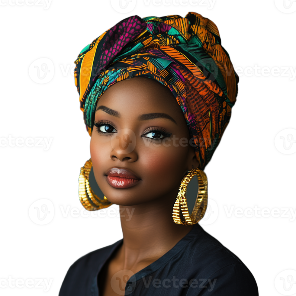 Woman in colorful African headwrap and traditional attire, looking proud and confident, on a transparent background png