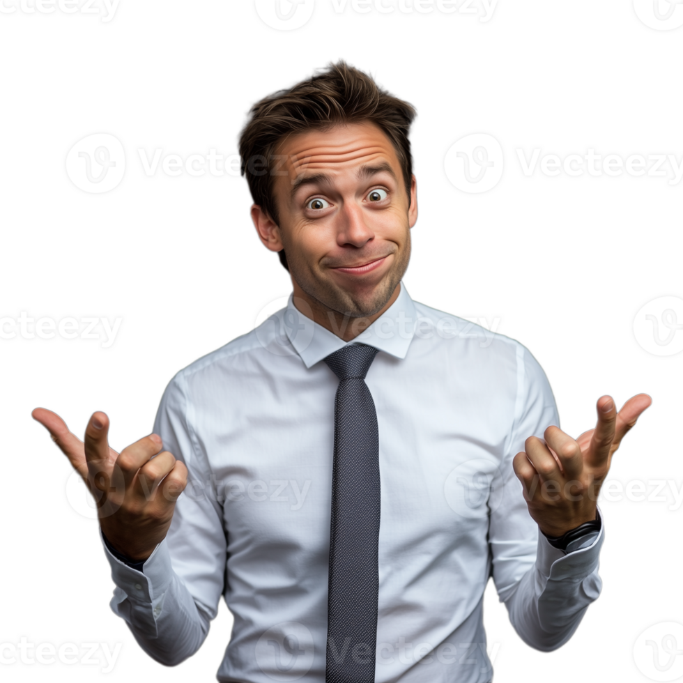 Confident man in business attire gesturing with a surprised expression, on a transparent background png