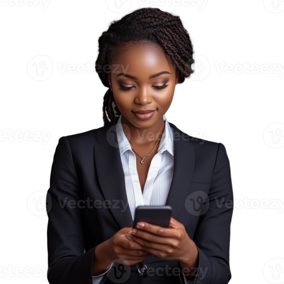 Professional woman in business attire using a smartphone, focused on her task, on a transparent background png