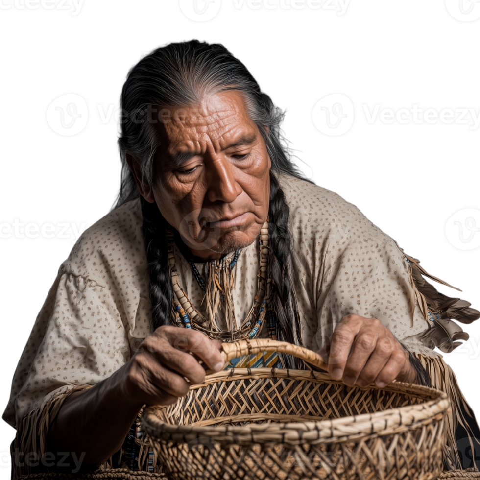 Elderly man carefully weaving a basket by hand, focused on the intricate details, on a transparent background png
