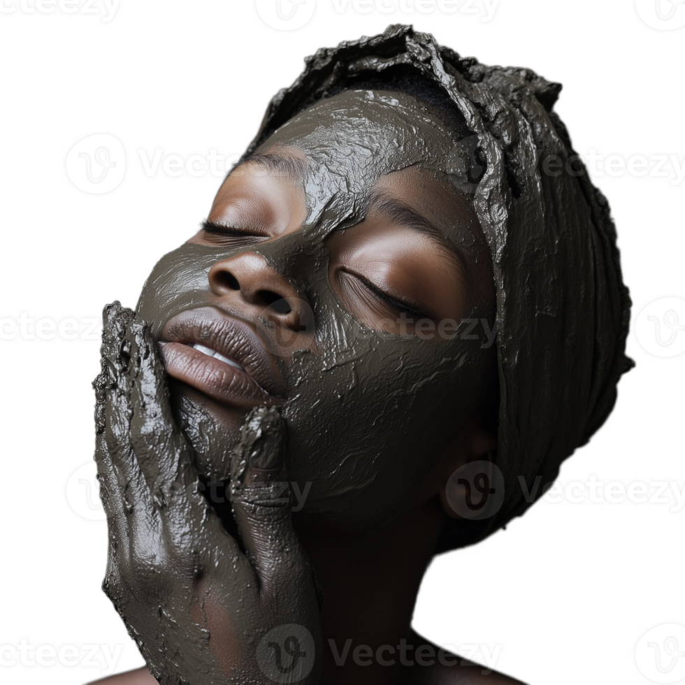 Artistic portrait of a woman covered in black mud, gently touching her face, on a transparent background png